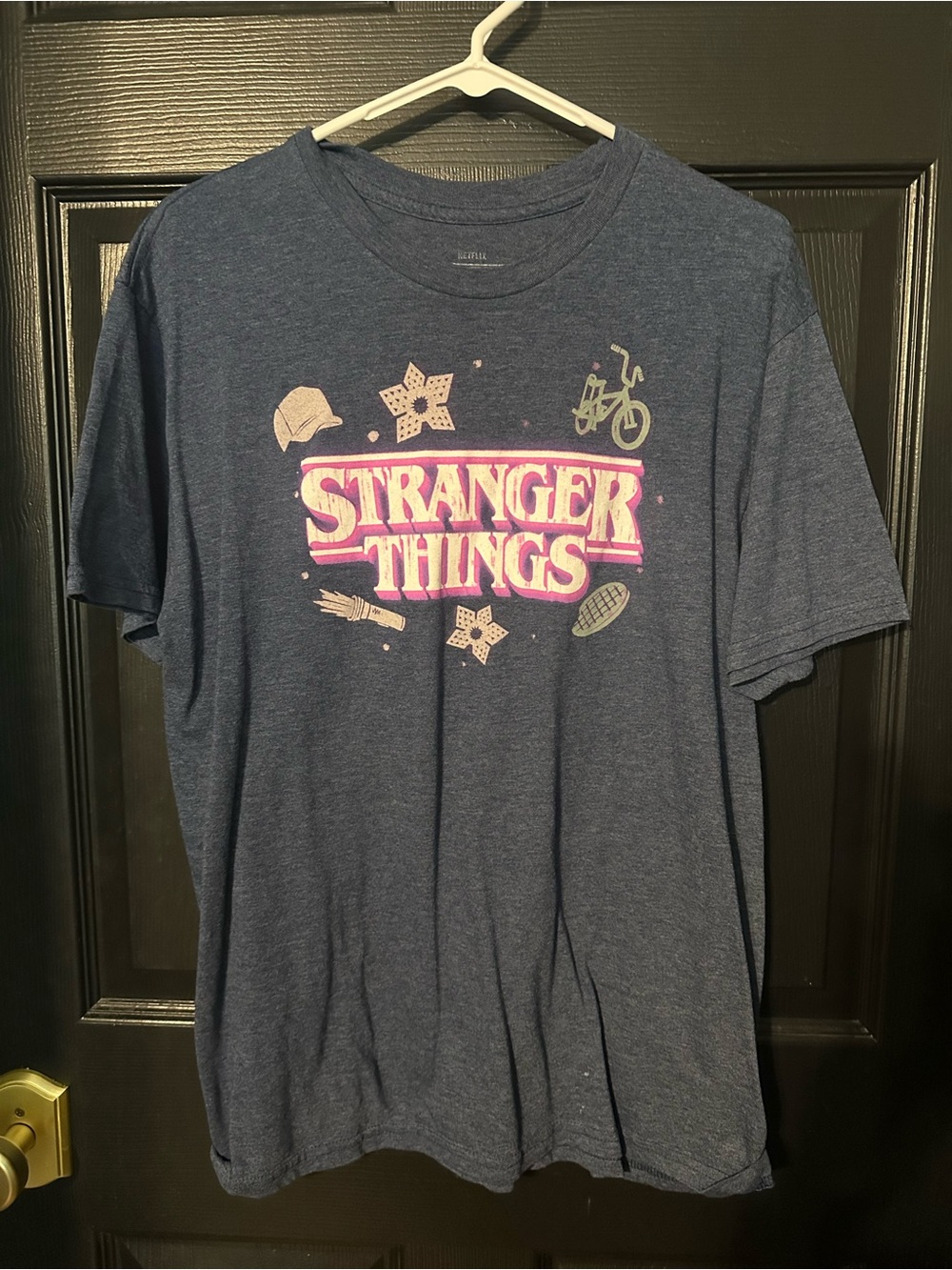 Netflix Stranger Things Navy Blue Graphic Tee with Pink Logo